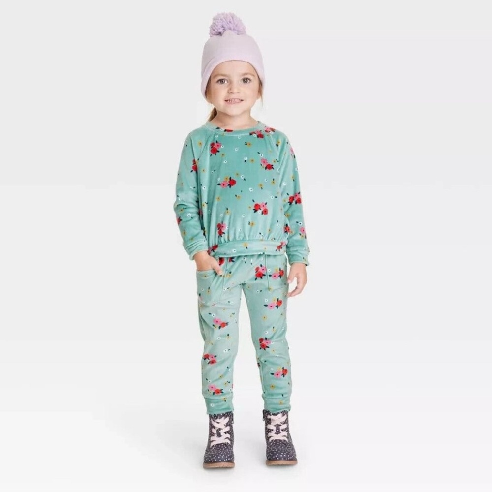 Baby Girls' Ocean Green Floral Long Sleeved Pullover Shirt & Jogger‎ Pants